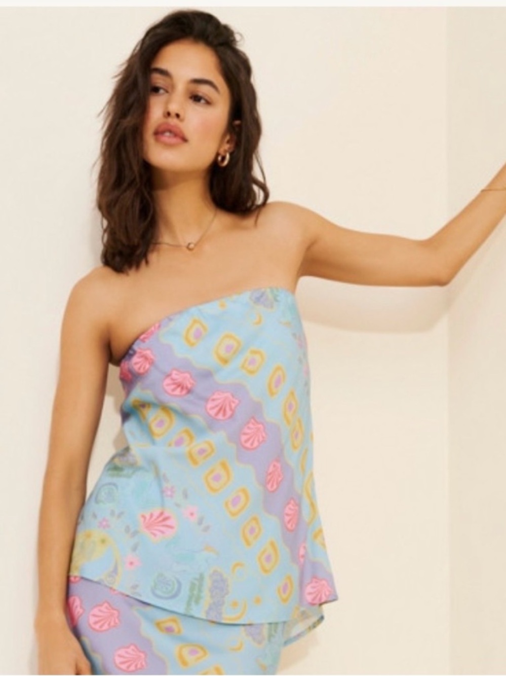 SPELL Aquarius Top in Blue‎ Seashell Print Strapless Asymmetrical Hem Festival
